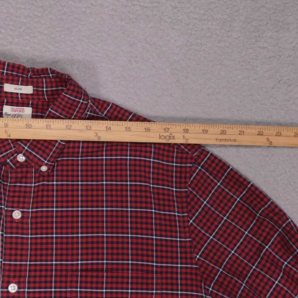 J Crew Oxford Shirt Mens Large SLIM Fit Orange Blue Plaid Button Up Long Sleeve